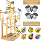 Bird Playground - Natural Wood Parrot Playstand with Perches, Bird Play Gym & Accessories, Removable Tray & 4 Stainless Steel Cups
