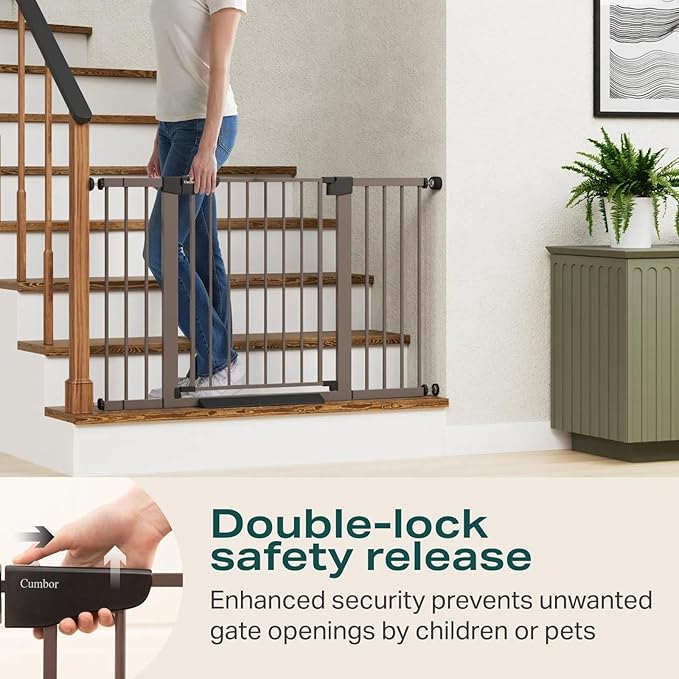 Cumbor 2 Pack 29.7"-51.5" Extra Wide Baby Gate for Stairs, Mom's Choice Awards Winner-Dog Gates for Doorways, Pressure Mounted Walk Through Pet Gate Indoor, Safety Auto-Close Child Gate for Kid,Brown