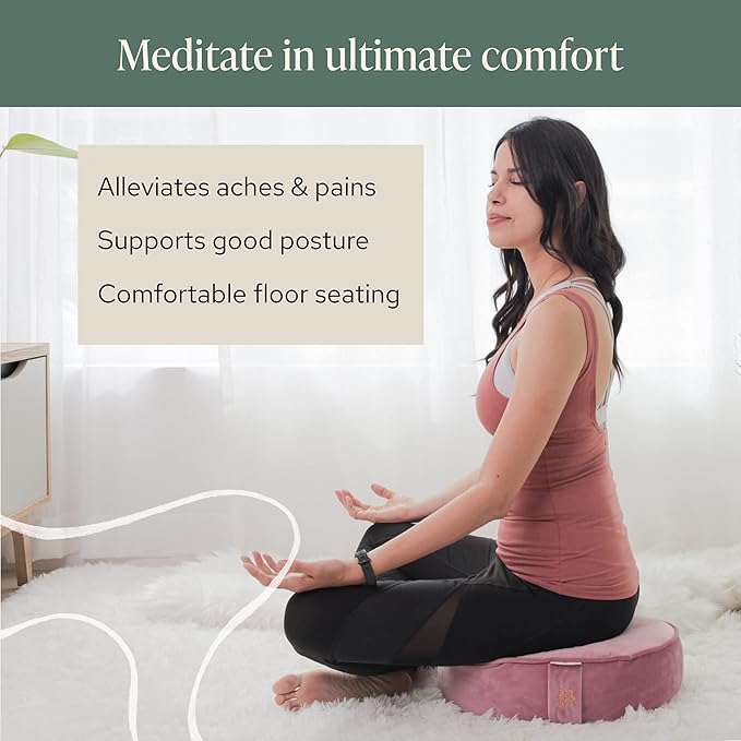 Mindful and Modern Velvet Meditation Cushion - Luxury Zafu Floor Pillow for Yoga - Large Buckwheat Meditation Pillow with Luxe Removable Cover in Six Colors
