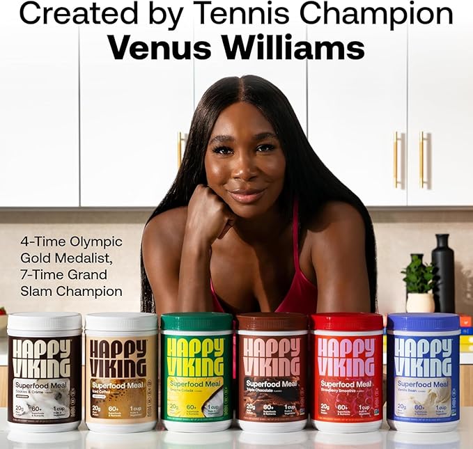 Happy Viking Berry Parfait Plant Protein Powder, Created by Venus Williams, 20G Protein, Low Carb, Keto, Vegan, Gluten-Free, Non-GMO, Superfoods, Complete Meal Replacement, 1 Canister (24 oz.)