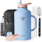 64 oz Insulated Water Bottle with Straw and Lid, Half Gallon Stainless Steel Cup with Handle,Leakproof Metal Travel Jug Flask Mug Tumbler Cup With Carry Pouch and Brush,Keep Cold & Hot,Blue