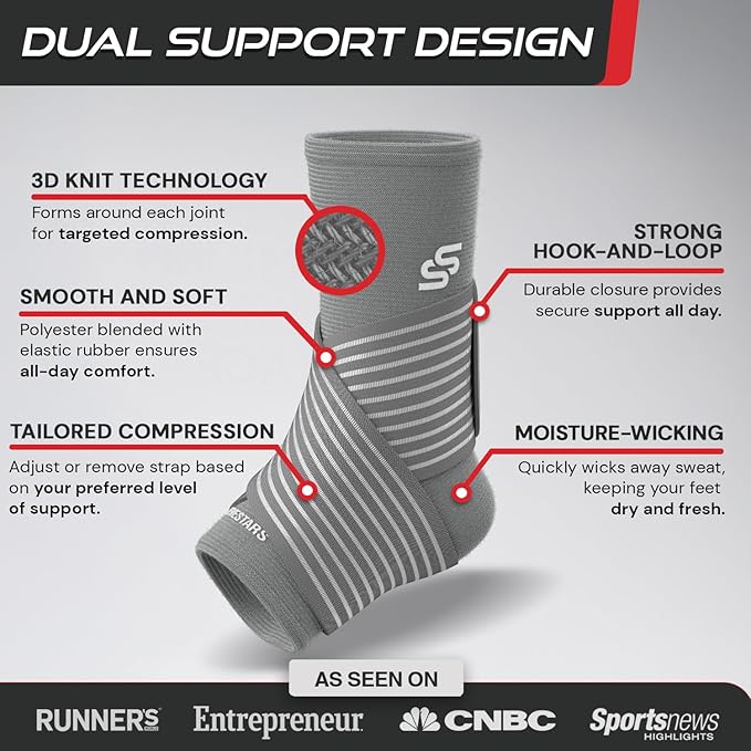 Sleeve Stars Ankle Brace for Women & Men, Ankle Wrap for Sprained, Compression Sleeve for Plantar Fasciitis Relief, Easy Customizable Support: w/ Removable Strap (Single/M:10"-12"/Gray)