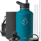 BUZIO 64 oz Water Bottle Insulated with Straw & 3 lid and Carrying Pouch, Leak Proof Half Gallon Stainless Steel Water Flask Jug, Cold for 48 Hrs Double Vacuum Thermo Canteen, BPA-Free, Dark Blue