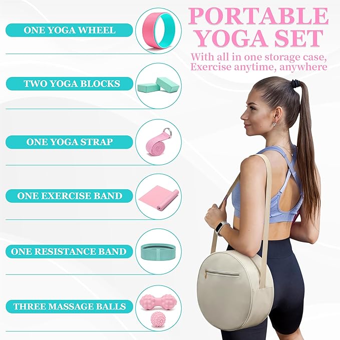 Yoga Wheel Set, Wheel Foam Roller for Back Pain & Stretching, Yoga Blocks 2 Pack with Strap, Trigger Point Therapy Massage Ball for Deep Tissue, 500lbs Capacity, Back Cracker Roller