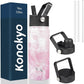 18 oz Insulated Water Bottle Stainless Steel Sport Bottles with 3 Lids,Marble Blossom