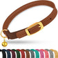OOPSDOGGY Rolled Leather Cat Collar with Bell - Reflective Kitten Collar with Safety Elastic Strap - Adjustable Small Pet Collars for Boy Girl Cats (Brown)
