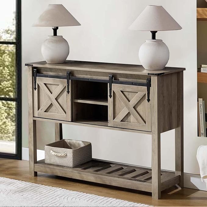 Entryway Table with Storage, Farmhouse Buffet Cabinet Coffee Bar Kitchen Island with Sliding Barn Doors & Shelves, Console Table for Kitchen, Dining Room, Living Room, Grey