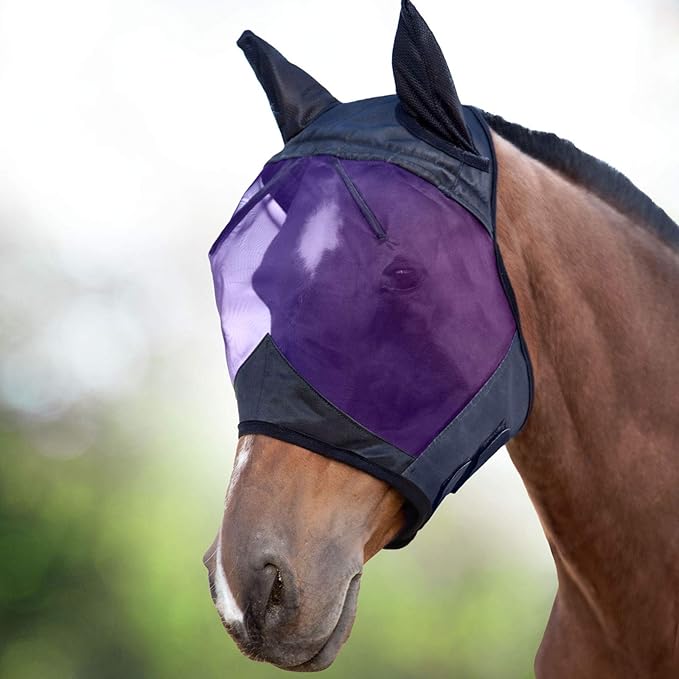 Harrison Howard CareMaster Horse Fly Mask Half Face with Ears Black/Purple Retro Large Full Size
