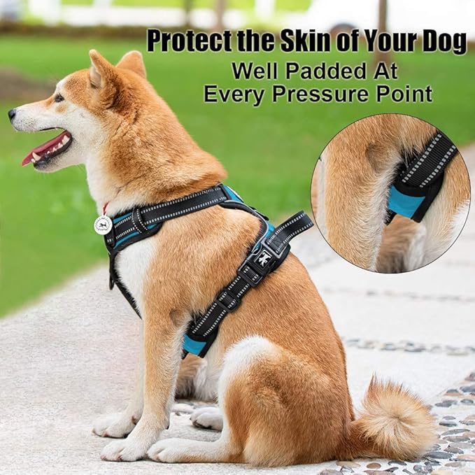 PoyPet No Pull Dog Harness, Reflective Comfortable Vest Harness with Front & Back 2 Leash Attachments and Easy Control Handle Adjustable Soft Padded Pet Vest for Small to Large Dogs (Blue,XL)