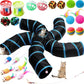 Poen 21 Pcs Cat Tunnel for Indoor Set Collapsible 5 Way Tubes with 20 Pcs Cat Kitten Toys Interactive Feather Toy Mouse Crinkle Balls Tube for Puppy Kitten Rabbit(Blue Black)