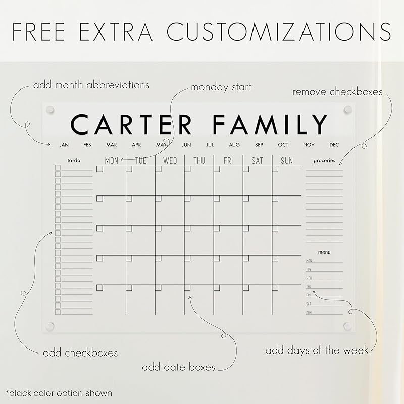 Personalized Clear Acrylic Calendar for Wall, Calendar Whiteboard for Wall, Dry Erase Wall Calendar, Wall Calendar Organizer System for Home (Block, Navy, 47.5"W x 36"H)