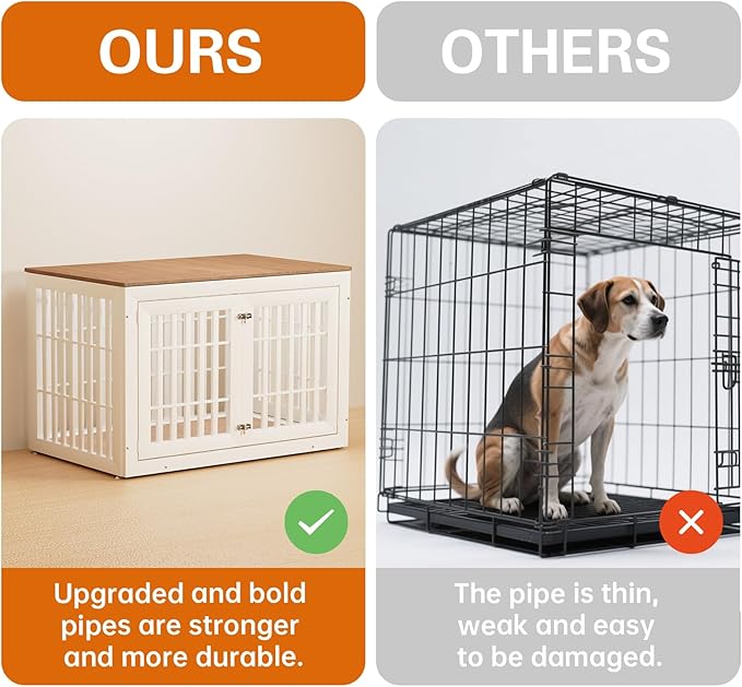 48" Heavy Duty Dog Crate Furniture for Small,Medium and Large Dogs,Rustic Wooden Dog Cage Kennel Indoor Furniture with Waterproof Top,Decorative Pet House Side End Table (White & Wood)
