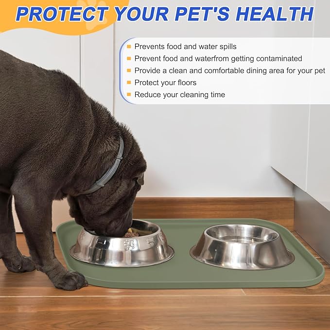 Silicone Pet Feeding Mat with Raised Edge for Food and Water, Dog Bowl Mats, Cat Bowls Placemat with High Lip for Floor Waterproof, Rubber Tray for Cats and Dogs 24 x 16 x0.8 Light Olive Green