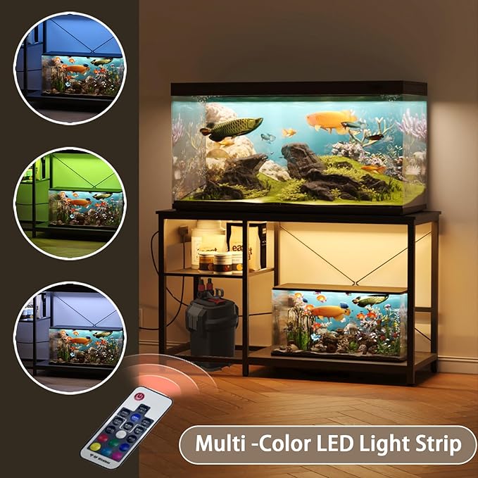 50-75 Gallon Fish Tank Stand with Power Outlet & LED Light, Metal Aquarium Stand with 3 Tier Adjustable Storage Shelves, Tank Stand for Reptile Tank, Turtle Tank, 52" L*19.5" W, Black