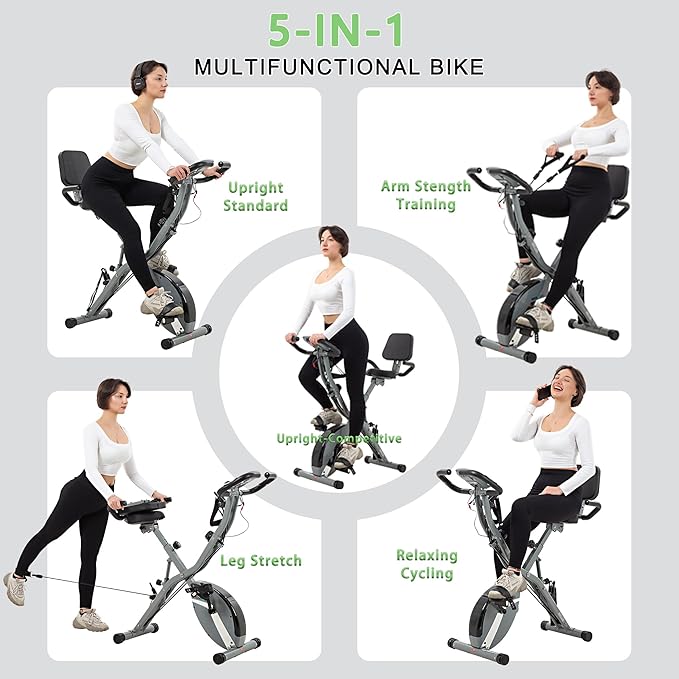BARWING Stationary Exercise Bike for Home Workout, 5 IN 1 Foldable Indoor Cycling Bike for Seniors, 350LB Capacity, 16-Level Magnetic Resistance, Seat Backrest Adjustments