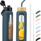 Kodrine Water Bottle with Straw, 24 oz Glass water Bottle with 2 Lids Bamboo Straw Lid and Spout Lid with Handle, 32 oz Clear Water Bottle Glass for Sports Travel, Waterbottle with Time Marker