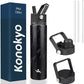 Insulated Water Bottle 24oz Stainless Steel Sport Bottles with 3 Lids,Marble Midnight