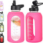 64 oz Glass Water Bottle With Straw and Handle, Half Gallon Sports Motivational Water Jug Flask with Silicone Sleeve, Large Water Cup with Time Marker for Travel, Gym, Hot Pink