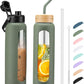 Kodrine Water Bottle with Straw, 24 oz Glass water Bottle with 2 Lids Bamboo Straw Lid and Spout Lid with Handle, 32 oz Clear Water Bottle Glass for Sports Travel, Waterbottle with Time Marker