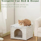 Cat Beds Indoor Kitten House, Handwoven Rattan Cat Cave Pet Cube, Large Cat Houses, One Bed Mat, Foldable, Hideaway, 16.5x16.5x13.2 Inches, 2 S-Shaped Hooks in Living Room Bedroom White
