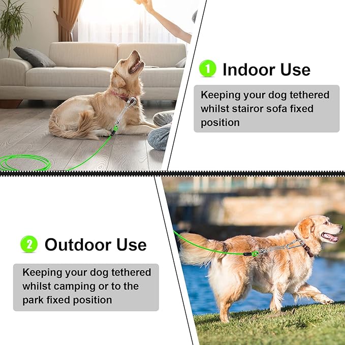 Jenico Dog Tie Out Cable, 10/15/20/30/40/50/70/100/150FT Runner Cable with Swivel Hook and Shock Spring, Yard and Camping Dog Leash Run Tether, Up to 500 LBS