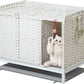 Cat Litter Box Enclosure Furniture with Divider, Handwoven Rattan Litter Box with Mat, 31.2 x 19.6 x 24.2 Inches, Metal Heightened Feet, Hidden Cat House for Living Room, Bedroom (White)