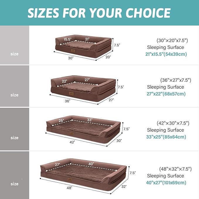 Orthopedic Dog Beds for Medium Size Dog, Pet Couch for Dog Cat, Supportive Foam Bolster Sofa with Waterproof Lining Cover, Anti-Slip, Comfort, Washable, 30x20x7.5 in, U Shape, Brown