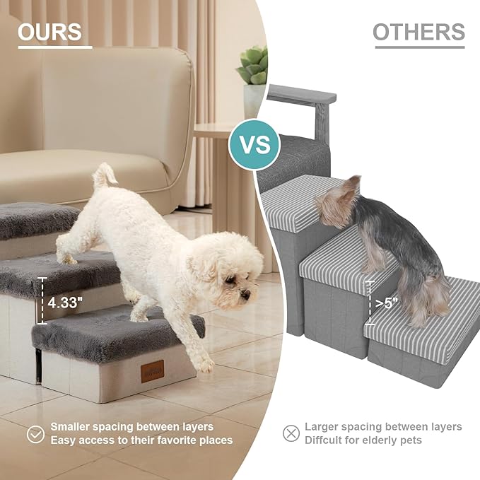Dog Stair for Small Dogs with Storage, Foldable Pet Step with Soft Cover, Older Cat Ramp for Chair Couch Sofa, Lightweight, Durable, Comfort, 33x13x17.7 inch, 4 Tiers Grey