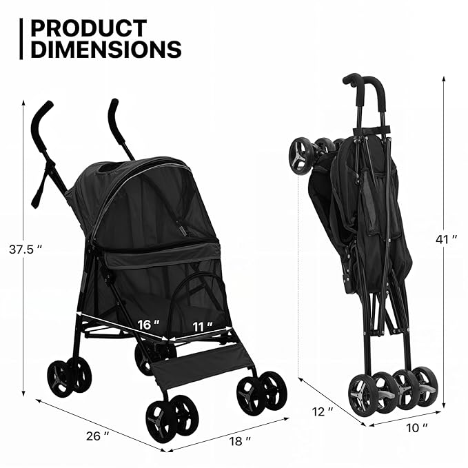 MoNiBloom 4 Wheels Pet Stroller, Easy-Fold Puppy Cage Jogger Stroller with Sun Cover, Pad and Rear Storage Bag, Breathable and Visible Mesh for Small/Medium Pets up to 22 lbs, Black