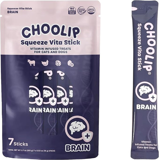 Squeeze Vita Stick Lickable Treats for Dogs & Cats. 7 Brain Support Sticks with Essential multivitamins. Soft and Tasty Paste for All Life Stages, Supporting Brain Health