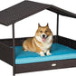 PawHut Wicker Dog House Outdoor with Canopy, Rattan Dog Bed with Water-Resistant Cushion, Raised Dog Bed for Small, Medium Dogs up to 66 lbs, 19.75" in Length, Brown Wicker, Blue Cushion