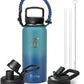 Trebo 32 oz Water Bottle Insulated with Paracord Handle and Straw, Vacuum Double Wall Stainless Steel Water Jug Keep Cold 48 Hours, Water Flask with 3 Lids for Men women Sports Travel gift, Cyan Blue