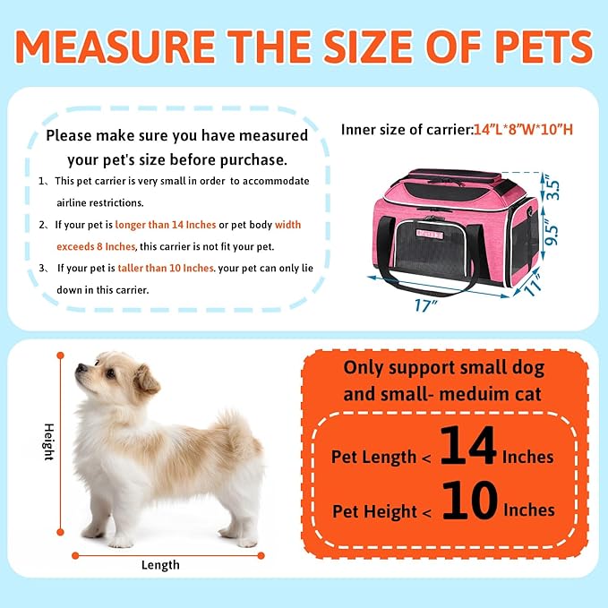 Petskd Top-Expandable Pet Carrier 17x11x9.5 Inches Alaska Airline Approved, Soft-Sided Carrier for Small Cats and Dogs with Locking Safety Zippers and Anti-Scratch Mesh(Pink)