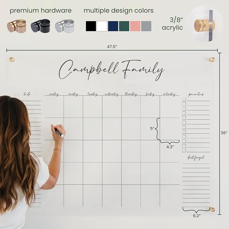 Personalized Clear Acrylic Calendar for Wall, Calendar Whiteboard for Wall, Dry Erase Wall Calendar, Wall Calendar Organizer System for Home (Cursive, Black, 47.5"W x 36"H)