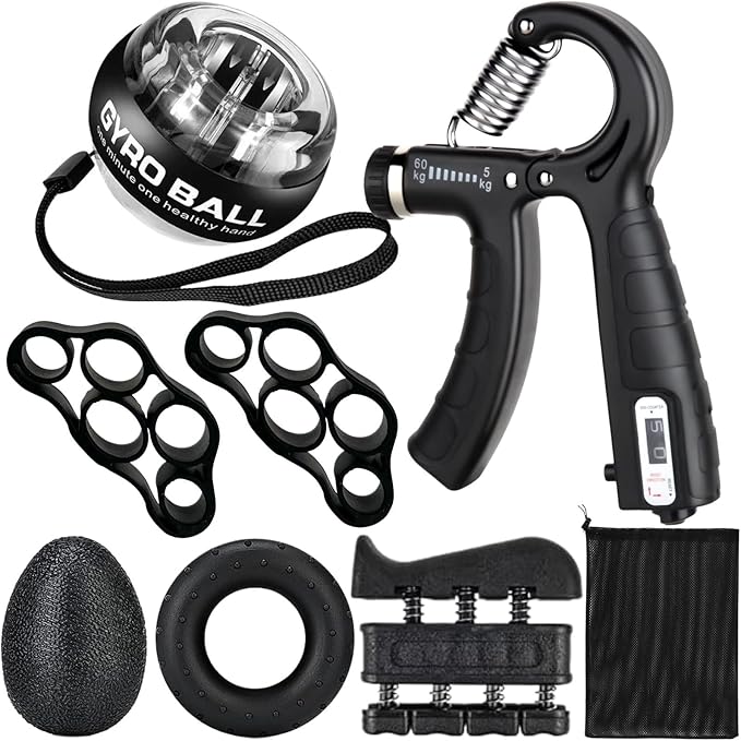 Hand Grip Strengthener Workout Kit (8 Pack) Forearm Grip Adjustable Resistance Hand Gripper, Finger Stretcher, Finger Exerciser, Grip Ring，Gyro Ball