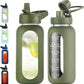32 oz Glass Water Bottle with Straw and Handle, Sports Motivational Water Flask with Silicone Sleeve, Large Leakproof Water Flask Cup with Time Marker for Travel, Gym, Army Green