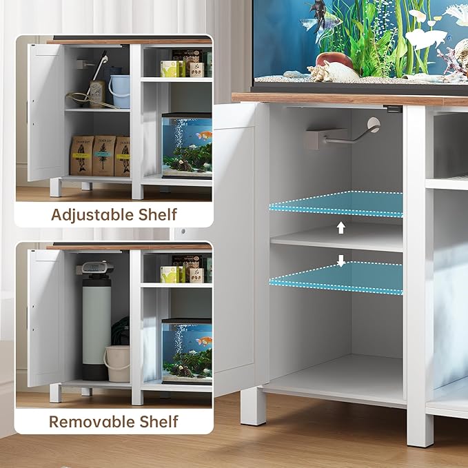 55-75 Gallon Fish Tank Stand with Power Outlet & Adjustable Shelf, Heavy Duty Aquarium Stand with Cabinet Storage for Fish Tank, Turtle Tank, Reptile Terrarium, 1000LBS Capacity, White