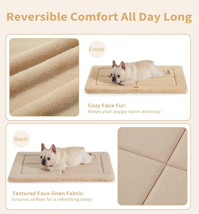 Made4Pets Dog Crate Pad Bed for Large Dogs, Washable & Reversible, Anti-Slip Kennel Mat for Cozy Sleeping, Soft Fluffy Dog Bed for Indoor & Outdoor Use, 36"x27", Khaki