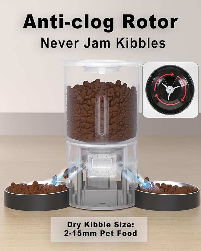 Dual Automatic Cat Feeder 2 Cats,6 Meals/Day,12 Portions/Meal,4.2L Dual Power Double Bowls Feeder,Dry Food Auto Pet Dispenser,10S Voice Record,Flexible Schedule Timer (Black,Stainless Dual Bowls)