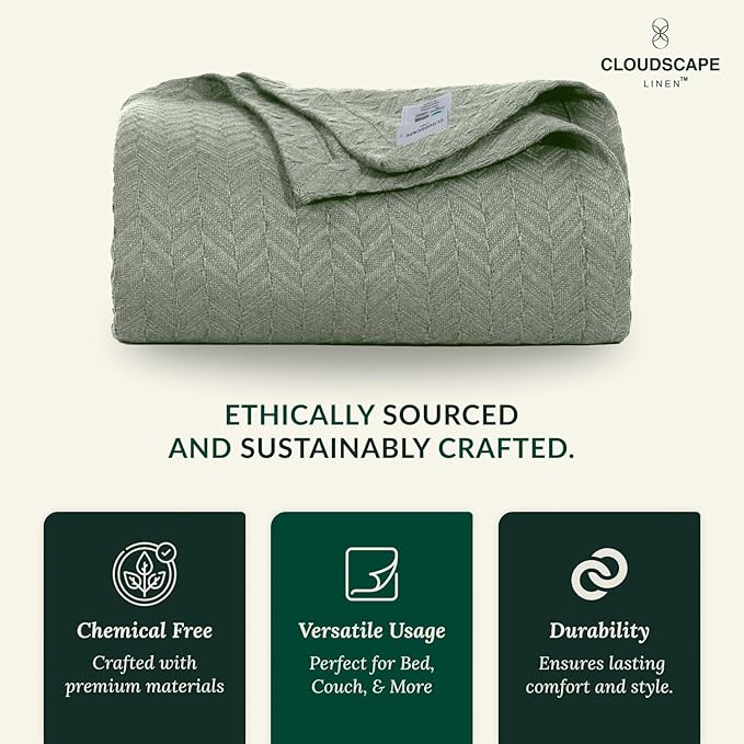 Cloud Scape Linen 100% Cotton Queen Size Blanket, Herringbone Pattern, Lightweight Summer Blanket,Best Gifts for Women, fits Full Size Bed, 92 x 92, Olive Green