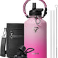 Half Gallon Water Bottle,64oz Insulated Water Bottle Stainless Steel Vacuum,Cold for 48 Hrs,BPA-Free & Leakproof -with Paracord Handle,Strap,Straw Spout Lids,Big Flask Jug for Gym Sports,Pink