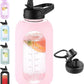 64 oz Glass Water Bottle With Straw and Handle, Half Gallon Sports Motivational Water Jug Flask with Silicone Sleeve, Large Water Cup with Time Marker for Travel, Gym, Blush