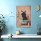 Cat Bathroom Wall Decor Black Cat Reading Newspaper in Bathtub Canvas Wall Art Funny Bathroom Pictures Kitten Painting Print Pink Artwork Framed Decorations Gifts 16"x24"