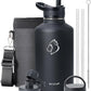 BUZIO 64 oz Water Bottle Insulated with Straw & 3 lid and Carrying Pouch, Leak Proof Half Gallon Stainless Steel Water Flask Jug, Cold for 48 Hrs Double Vacuum Thermo Canteen, BPA-Free, Black