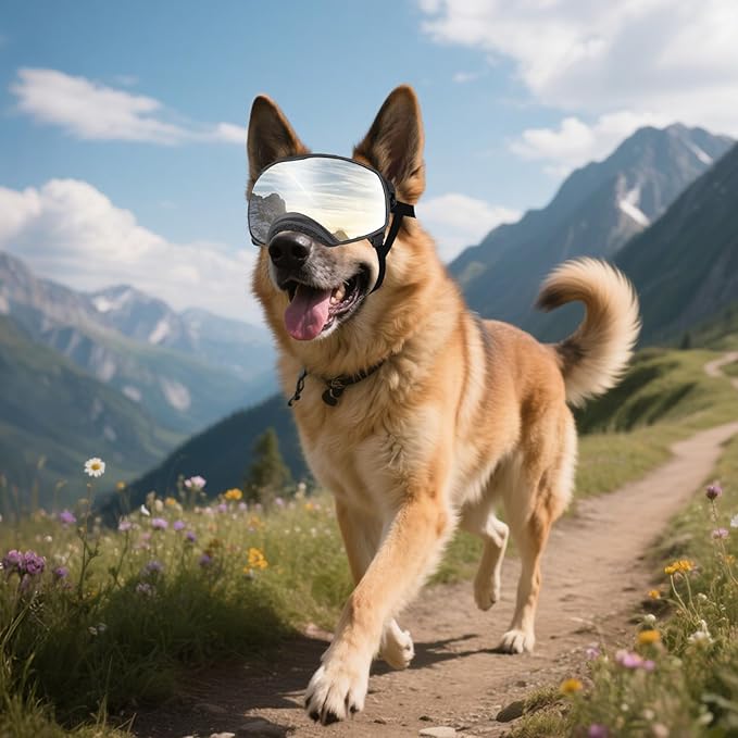 Dog Sunglasses UV Protection Clear Dog Goggles Windproof Glasses with Elastic Straps for Medium-Large Breed, Black Frame + Silver Lens