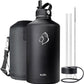 BUZIO 1 Gallon Water Jug with Straw Handle Lid, 128oz Water Bottle Stainless Steel Double Wall Hydro Jug 18/8 Food Grade Thermo Mug Keep Cold 48H & Hot 24H, Black