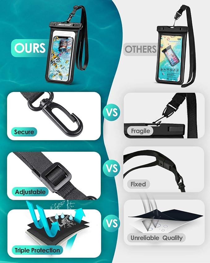 Hiearcool Waterproof Phone Pouch, Waterproof Beach Bag Compatible for iPhone 17 16 15 14 13 Pro Max, IPX8 Cellphone Travel Essentials for Beach -Black & Sky Blue-2Pack