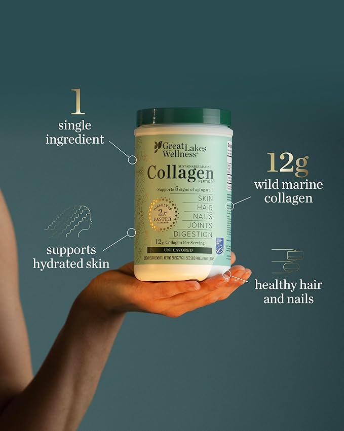 Great Lakes Wellness Sustainable Marine Collagen Peptides Powder for Skin, Hair, Nails, Joints & Digestion - Unflavored - Quick Dissolve Hydrolyzed, Wild Caught, MSC Certified, Non-GMO, Kosher - 8 oz
