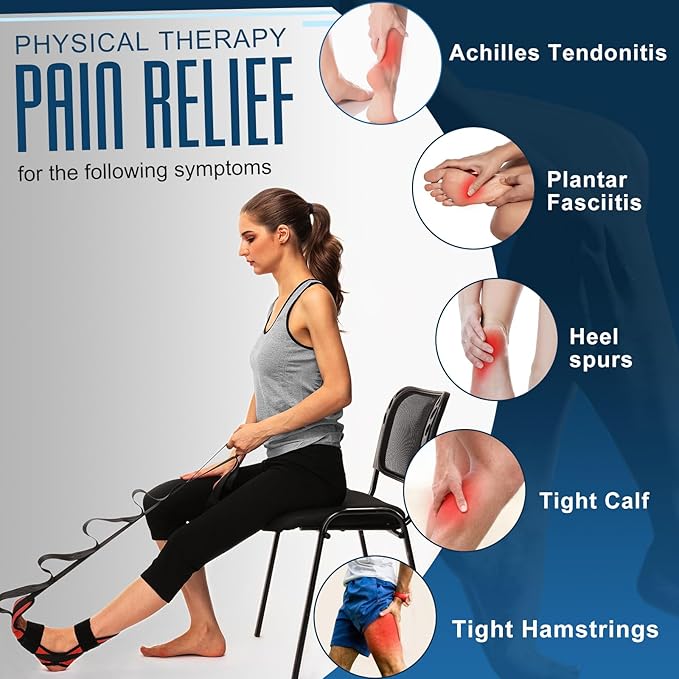 Foot Calf stretcher for Plantar Fasciitis, Achilles Tendonitis, Heel Spurs, Drop Foot. Yoga Stretching Strap for Leg, Thigh and Hamstring (Red)