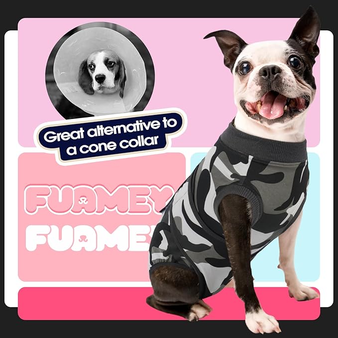 FUAMEY Dog Recovery Suit Male,Dogs Surgery Neuter Suits Puppy Spay Shirts for Female Protect Dog's Skin Anti Licking Abdominal Wounds Doggie Onesie Pet Bodysuit Alternative to Cone Grey Camouflage M